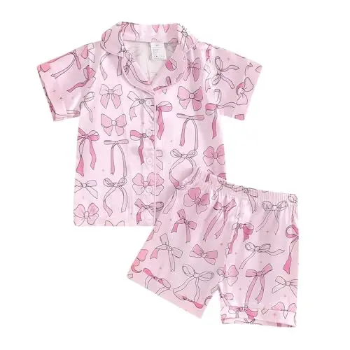 Fsadfeas Bolalar Kichkintoy Qizlar Pijama Chaqaloq Kalta Yengli Yopiq Tugmali Yuqori + Shortlar Atlas Ipak Uyqu Kiyimlari Yozgi Dam Olish Kiyimlari - Fsadfeas
