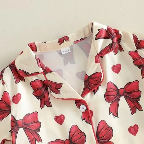 Fsadfeas Bolalar uchun Toddler qizlar uchun pijama Qisqa yengli lapelli tugmali ustki kiyim + shortilar ipak ipli uxlash kiyimi Yozgi dam olish kiyimi - 4