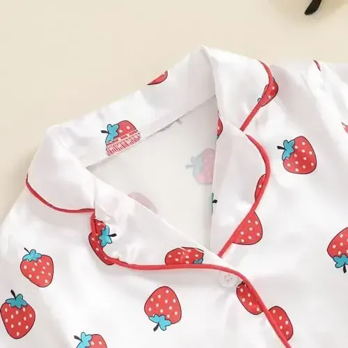Fsadfeas Kids Toddler Girls Pajamas Baby Short Sleeve Lapel Button Down Tops + Shorts Satin Silk Sleepwear Summer Loungewear - 3