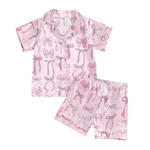 Fsadfeas Kids Toddler Girls Pajamas Baby Short Sleeve Lapel Button Down Tops + Shorts Satin Silk Sleepwear Summer Loungewear - 1