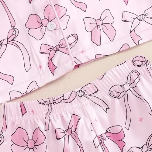 Fsadfeas Kids Toddler Girls Pajamas Baby Short Sleeve Lapel Button Down Tops + Shorts Satin Silk Sleepwear Summer Loungewear - 5