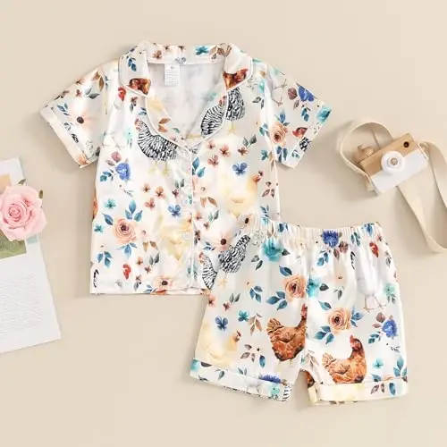 Fsadfeas Kids Toddler Girls Pajamas Baby Short Sleeve Lapel Button Down Tops + Shorts Satin Silk Sleepwear Summer Loungewear - 2