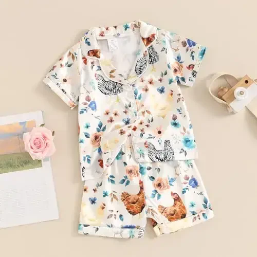 Fsadfeas Kids Toddler Girls Pajamas Baby Short Sleeve Lapel Button Down Tops + Shorts Satin Silk Sleepwear Summer Loungewear - 3