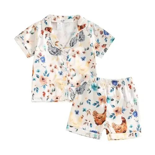 Fsadfeas Kids Toddler Girls Pajamas Baby Short Sleeve Lapel Button Down Tops + Shorts Satin Silk Sleepwear Summer Loungewear 