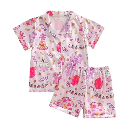 Fsadfeas Kids Toddler Girls Pajamas Baby Short Sleeve Lapel Button Down Tops + Shorts Satin Silk Sleepwear Summer Loungewear - 1