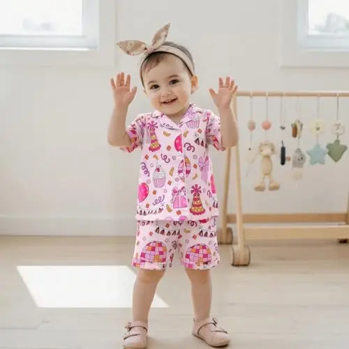 Fsadfeas Kids Toddler Girls Pajamas Baby Short Sleeve Lapel Button Down Tops + Shorts Satin Silk Sleepwear Summer Loungewear - 2
