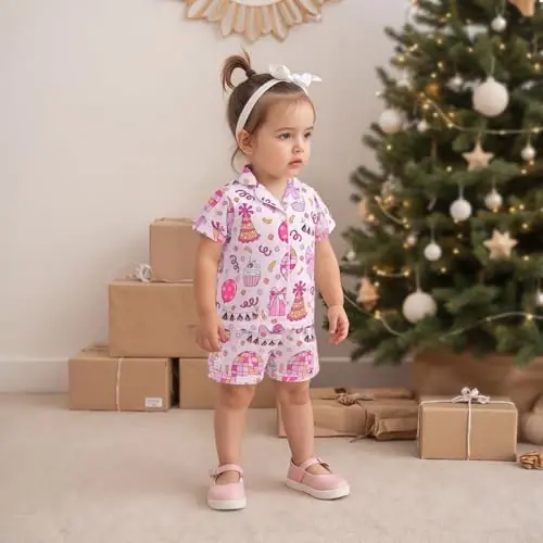 Fsadfeas Kids Toddler Girls Pajamas Baby Short Sleeve Lapel Button Down Tops + Shorts Satin Silk Sleepwear Summer Loungewear - 3