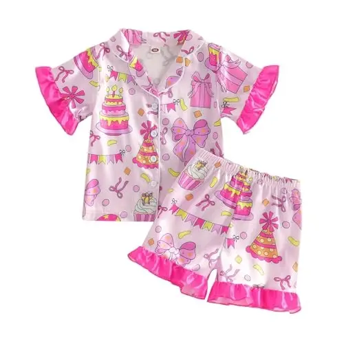 Fsadfeas Kids Toddler Girls Pajamas Baby Short Sleeve Lapel Button Down Tops + Shorts Satin Silk Sleepwear Summer Loungewear - 1