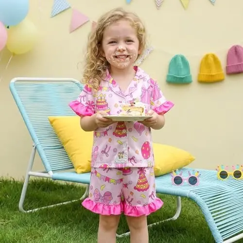 Fsadfeas Kids Toddler Girls Pajamas Baby Short Sleeve Lapel Button Down Tops + Shorts Satin Silk Sleepwear Summer Loungewear - 2