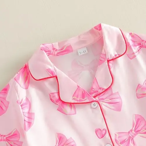 Fsadfeas Kids Toddler Girls Pajamas Baby Short Sleeve Lapel Button Down Tops + Shorts Satin Silk Sleepwear Summer Loungewear - 4