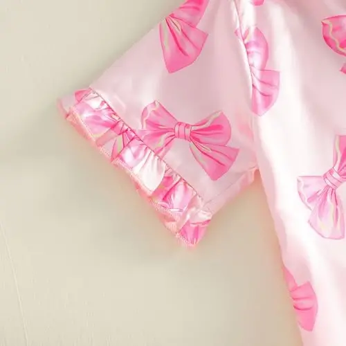 Fsadfeas Kids Toddler Girls Pajamas Baby Short Sleeve Lapel Button Down Tops + Shorts Satin Silk Sleepwear Summer Loungewear - 5