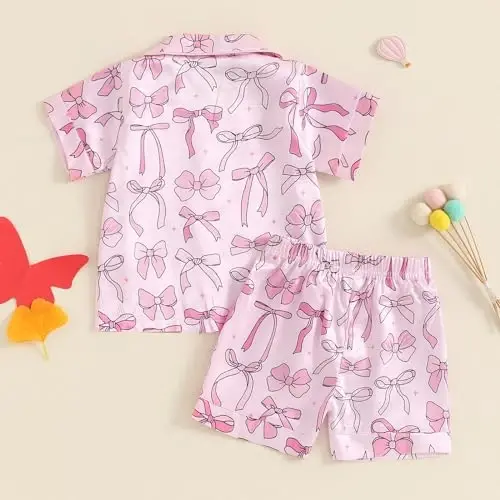 Fsadfeas Kids Toddler Girls Pajamas Baby Short Sleeve Lapel Button Down Tops + Shorts Satin Silk Sleepwear Summer Loungewear - 4