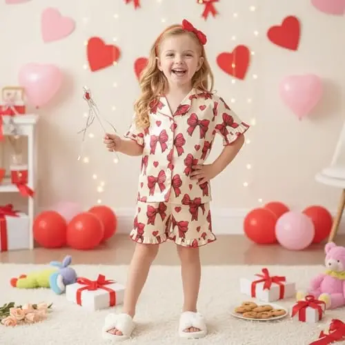 Fsadfeas Kids Toddler Girls Pajamas Baby Short Sleeve Lapel Button Down Tops + Shorts Satin Silk Sleepwear Summer Loungewear - 2