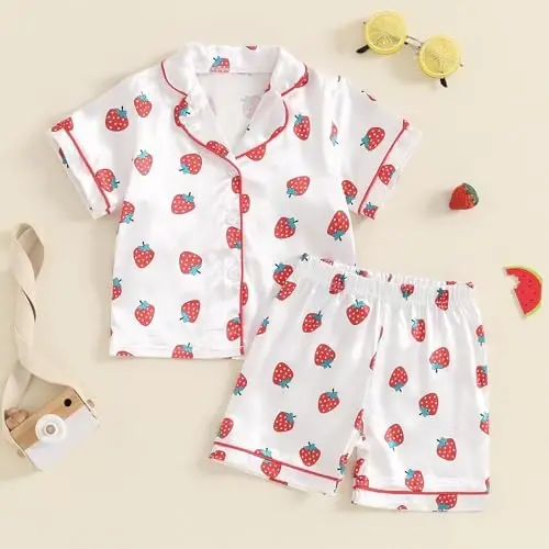 Fsadfeas Kids Toddler Girls Pajamas Baby Short Sleeve Lapel Button Down Tops + Shorts Satin Silk Sleepwear Summer Loungewear - 2