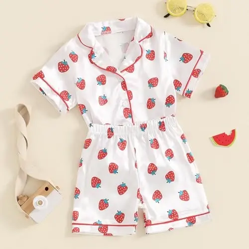 Fsadfeas Kids Toddler Girls Pajamas Baby Short Sleeve Lapel Button Down Tops + Shorts Satin Silk Sleepwear Summer Loungewear - 4
