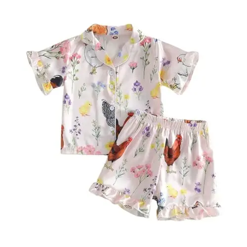 Fsadfeas Kids Toddler Girls Pajamas Baby Short Sleeve Lapel Button Down Tops + Shorts Satin Silk Sleepwear Summer Loungewear 