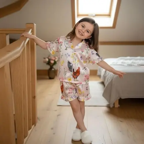 Fsadfeas Kids Toddler Girls Pajamas Baby Short Sleeve Lapel Button Down Tops + Shorts Satin Silk Sleepwear Summer Loungewear - 2