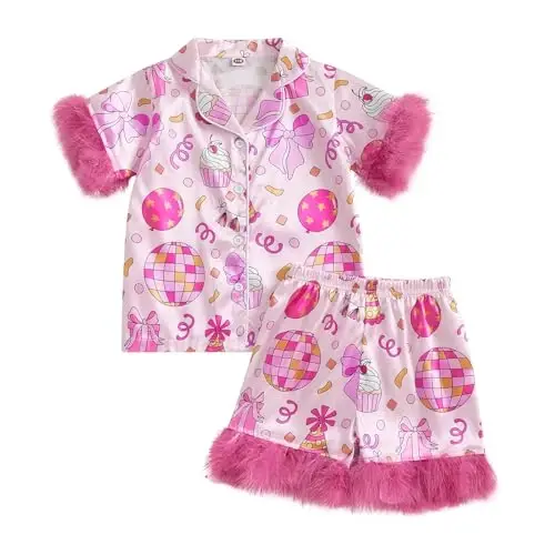 Fsadfeas Kids Toddler Girls Pajamas Baby Short Sleeve Lapel Button Down Tops + Shorts Satin Silk Sleepwear Summer Loungewear - 1