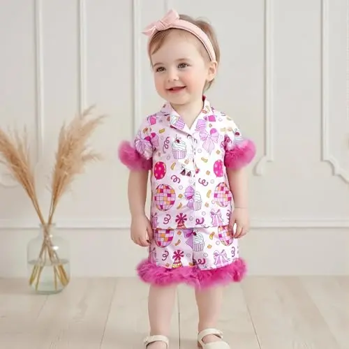Fsadfeas Kids Toddler Girls Pajamas Baby Short Sleeve Lapel Button Down Tops + Shorts Satin Silk Sleepwear Summer Loungewear - FSADFEAS (1)