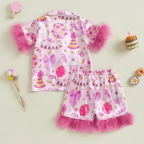 Fsadfeas Kids Toddler Girls Pajamas Baby Short Sleeve Lapel Button Down Tops + Shorts Satin Silk Sleepwear Summer Loungewear - 3