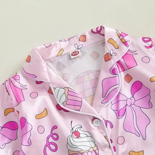 Fsadfeas Kids Toddler Girls Pajamas Baby Short Sleeve Lapel Button Down Tops + Shorts Satin Silk Sleepwear Summer Loungewear - 4