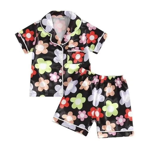 Fsadfeas Kids Toddler Girls Pajamas Baby Short Sleeve Lapel Button Down Tops + Shorts Satin Silk Sleepwear Summer Loungewear - 1