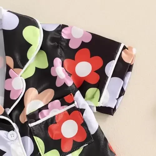 Fsadfeas Kids Toddler Girls Pajamas Baby Short Sleeve Lapel Button Down Tops + Shorts Satin Silk Sleepwear Summer Loungewear - 7