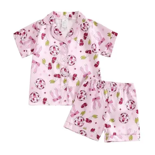 Fsadfeas Kids Toddler Girls Pajamas Baby Short Sleeve Lapel Button Down Tops + Shorts Satin Silk Sleepwear Summer Loungewear 