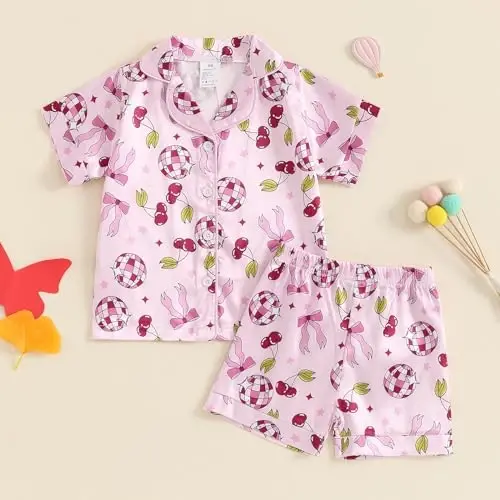 Fsadfeas Kids Toddler Girls Pajamas Baby Short Sleeve Lapel Button Down Tops + Shorts Satin Silk Sleepwear Summer Loungewear - 2