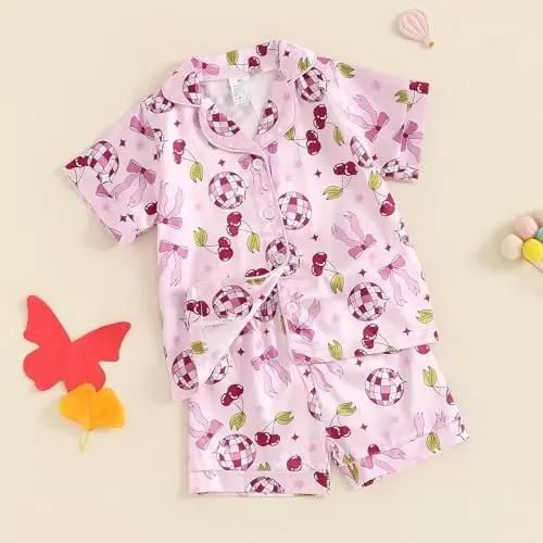 Fsadfeas Kids Toddler Girls Pajamas Baby Short Sleeve Lapel Button Down Tops + Shorts Satin Silk Sleepwear Summer Loungewear - 3