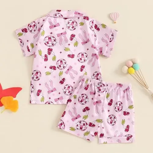 Fsadfeas Kids Toddler Girls Pajamas Baby Short Sleeve Lapel Button Down Tops + Shorts Satin Silk Sleepwear Summer Loungewear - 4