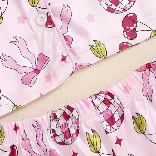 Fsadfeas Kids Toddler Girls Pajamas Baby Short Sleeve Lapel Button Down Tops + Shorts Satin Silk Sleepwear Summer Loungewear - 5