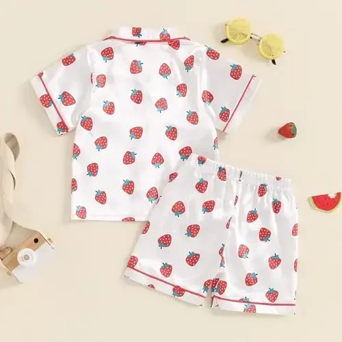 Fsadfeas Kids Toddler Girls Pajamas Baby Short Sleeve Lapel Button Down Tops + Shorts Satin Silk Sleepwear Summer Loungewear - 2