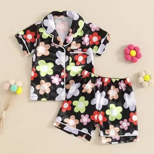 Fsadfeas Kids Toddler Girls Pajamas Baby Short Sleeve Lapel Button Down Tops + Shorts Satin Silk Sleepwear Summer Loungewear - 2