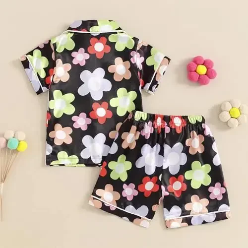 Fsadfeas Kids Toddler Girls Pajamas Baby Short Sleeve Lapel Button Down Tops + Shorts Satin Silk Sleepwear Summer Loungewear - 3