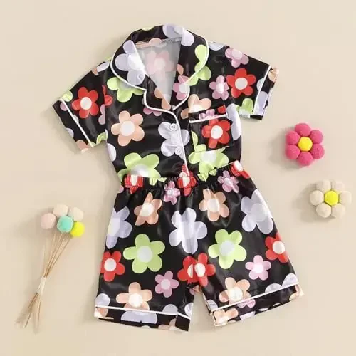 Fsadfeas Kids Toddler Girls Pajamas Baby Short Sleeve Lapel Button Down Tops + Shorts Satin Silk Sleepwear Summer Loungewear - 4