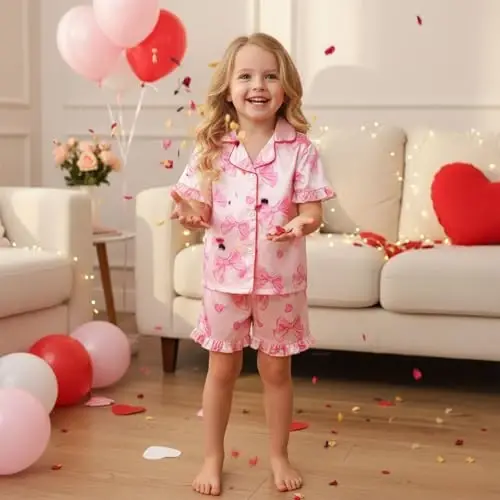 Fsadfeas Kids Toddler Girls Pajamas Baby Short Sleeve Lapel Button Down Tops + Shorts Satin Silk Sleepwear Summer Loungewear - 2