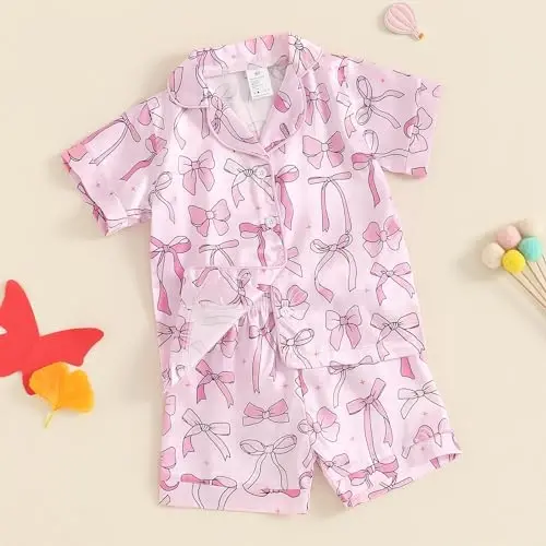 Fsadfeas Kids Toddler Girls Pajamas Baby Short Sleeve Lapel Button Down Tops + Shorts Satin Silk Sleepwear Summer Loungewear - 3