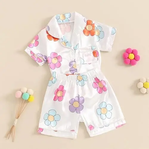 Fsadfeas Kids Toddler Girls Pajamas Baby Short Sleeve Lapel Button Down Tops + Shorts Satin Silk Sleepwear Summer Loungewear - 4