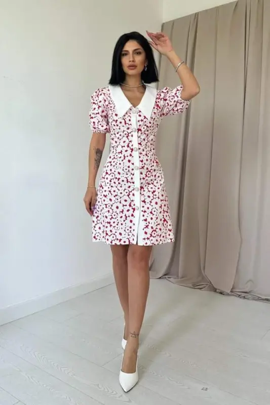 Fuchsia Apron Collar Poplin Dress - BÜYÜKBEDENIZ