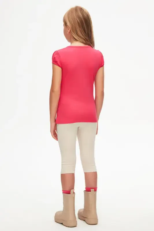 Fuchsia Basic Girls' Crew Neck Melon Sleeve T-shirt - FUCHSIA ROSE - 3