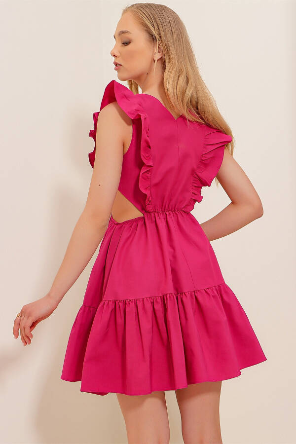 Fuchsia Boat Neck Waist Cut-out Side Ruffles - 6