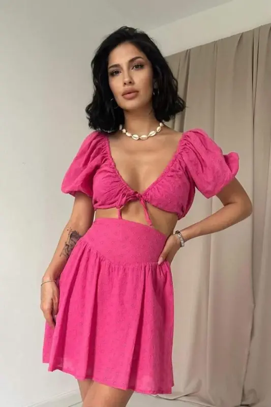 Fuchsia Brocade Crop Top and Mini Skirt Set - 2