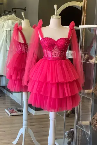 Fuchsia Coated Lace Mini Night and Party Dress-fuchsia 