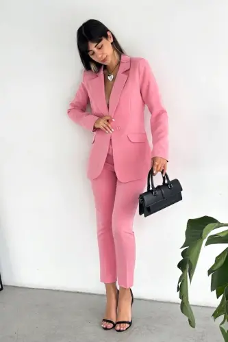 Fuchsia Criss Cross Blazer Carrot Pants Suit-Pink 
