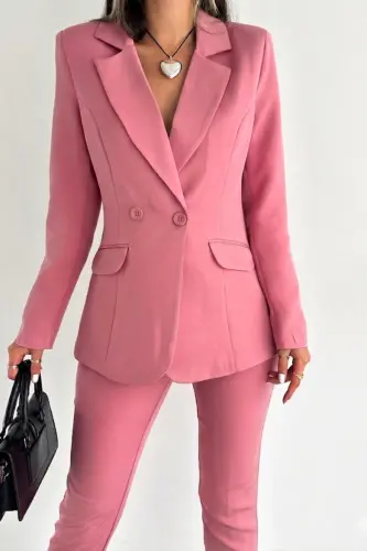 Fuchsia Criss Cross Blazer Carrot Pants Suit-Pink - 2