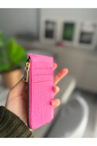 Fuchsia Croco Patterned Cardholder Wallet-Pink - ILKNURBUTIK (1)