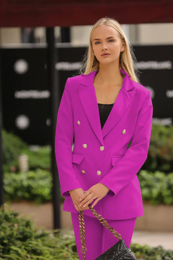 Fuchsia Gold Button Blazer Jacket Belted Pocket Straight Leg Trousers Suit - 2