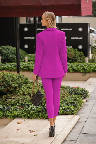 Fuchsia Gold Button Blazer Jacket Belted Pocket Straight Leg Trousers Suit - 4