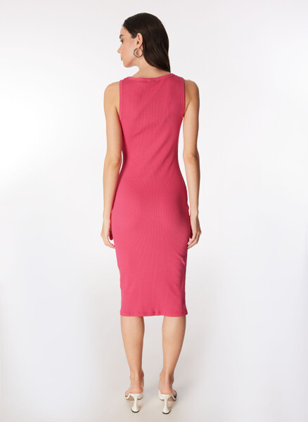 Fuchsia midi dress with ribbed crew neck and turtleneck. - 5